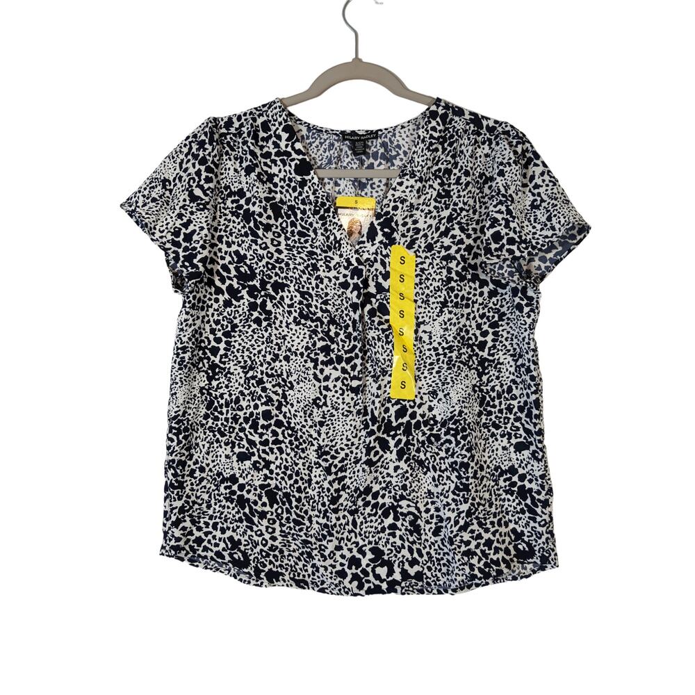 Hilary Radley Printed Blouse Short Sleeve Navy Small Top Tee‎ Layering Workwear